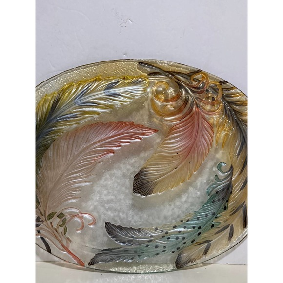 Oval Glass tray Inlayed with Feathers 15"x 12" - Picture 7 of 7